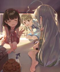 3girls absurdres ahoge barefoot bottle brown_hair closed_eyes dress grey_hair hairband highres hoshi_syoko huge_ahoge idolmaster idolmaster_cinderella_girls long_hair looking_at_another morikubo_nono multiple_girls mushroom ringlets sakuma_mayu short_hair sitting smile spray_bottle takesoboro under_table under_the_desk_(idolmaster) waving wavy_mouth