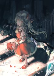 Rule 34 | 1girl, :|, ascot, blonde hair, blouse, bobby socks, bouquet, bow, closed mouth, collared shirt, commentary, crystal, expressionless, eyebrows hidden by hair, flandre scarlet, flower, frilled skirt, frilled sleeves, frills, full body, gensou aporo, glass shards, hair ornament, hat, hat bow, highres, holding, holding bouquet, long hair, looking at viewer, mary janes, mob cap, one side up, petals, puffy short sleeves, puffy sleeves, red bow, red eyes, red flower, red footwear, red ribbon, red rose, red skirt, red vest, ribbon, rose, rose petals, ruins, shirt, shoes, short sleeves, sidelighting, signature, skirt, skirt set, socks, solo, touhou, vest, white hat, white shirt, white socks, wings, wrist cuffs, yellow ascot