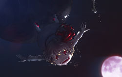 Rule 34 | 1girl, bone, darkness, fangs, female focus, full moon, md5 mismatch, moon, night, outstretched arms, revision, rumia, saliva, solo, tongue, touhou, upside-down, yst