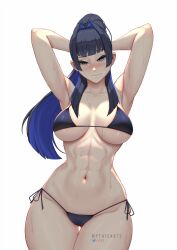 Rule 34 | 1girl, absurdres, ass, bare shoulders, bikini, black bikini, blue bikini, blue eyes, blue hair, blush, breasts, cameltoe, cleavage, collarbone, colored inner hair, gluteal fold, hair intakes, highres, hololive, hololive english, large breasts, long hair, looking at viewer, multicolored hair, myth1carts, navel, ouro kronii, patreon logo, pixiv logo, smile, solo, string bikini, sweat, swimsuit, twitter logo, virtual youtuber