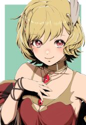 Rule 34 | 1girl, aduti momoyama, blonde hair, blush, bracelet, breasts, citrinne (fire emblem), cleavage, closed mouth, collarbone, dress, feather hair ornament, feathers, fire emblem, fire emblem engage, gem, gold trim, green background, hair ornament, hand on own chest, highres, jewelry, looking at viewer, medium breasts, necklace, nintendo, red eyes, short hair, smile, solo