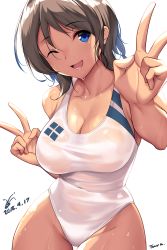 Rule 34 | 1girl, ;d, absurdres, artist name, blue eyes, breasts, brown hair, cleavage, competition swimsuit, covered navel, cowboy shot, double v, has bad revision, has downscaled revision, highres, large breasts, looking at viewer, love live!, love live! sunshine!!, md5 mismatch, medium hair, one-piece swimsuit, one eye closed, open mouth, resolution mismatch, simple background, smile, solo, source smaller, swimsuit, thigh gap, tony guisado, v, watanabe you, wet, wet hair, white background, white one-piece swimsuit