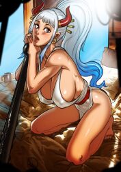 Rule 34 | 1girl, bare arms, bare shoulders, barefoot, bed, blue hair, blush, breasts, club, club (weapon), commentary, commission, covered erect nipples, curled horns, earrings, english commentary, full body, ganassa, hair ornament, hair stick, hands up, hanging breasts, high ponytail, hoop earrings, horns, huge breasts, indoors, jewelry, kanabou, kneeling, leaning forward, leaning on object, lips, long hair, looking at viewer, multicolored hair, multicolored horns, no pants, on bed, one piece, oni, open mouth, orange horns, pillow, red eyes, red horns, shiny skin, sideboob, sleeveless, solo, toes, very long hair, weapon, white hair, window, yamato (one piece)