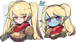 Rule 34 | 1girl, absurdres, armor, blonde hair, cropped torso, fang, highres, league of legends, monakan japan, multiple views, pointy ears, poppy (league of legends), red scarf, scarf, shoulder plates, skin fang, twintails, yordle