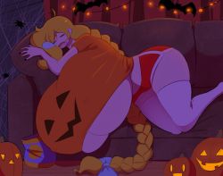 Rule 34 | 1girl, blonde hair, braid, breasts, cassie (theycallhimcake), couch, covered erect nipples, curvy, closed eyes, gigantic breasts, gym shorts, halloween, highres, long hair, lying, on side, open mouth, original, pumpkin, shorts, sleeping, socks, solo, theycallhimcake, thick thighs, thighs, underboob, very long hair, wide hips