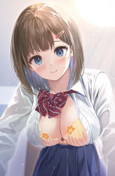 Rule 34 | 1girl, blue eyes, blue skirt, blush, bow, bowtie, bra, breasts, brown hair, cleavage, collared shirt, commentary request, cowboy shot, dress shirt, front-hook bra, hair ornament, hairclip, hanging breasts, highres, lace, lace-trimmed bra, lace trim, large breasts, leaning forward, lingerie, looking at viewer, medium hair, open clothes, open shirt, original, pasdar, pleated skirt, red bow, red bowtie, school uniform, shirt, skirt, smile, solo, underwear, white shirt, wing collar, yellow bra