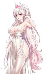Rule 34 | 1girl, arm up, armpits, bare arms, bare shoulders, bindong, breasts, cleavage, commission, dress, earrings, garter straps, highres, hoop earrings, horns, jewelry, large breasts, long hair, looking at viewer, mole, mole under eye, necklace, no bra, no panties, original, parted lips, ponytail, purple eyes, side slit, simple background, slit pupils, solo, standing, thighhighs, thighs, tiara, very long hair, white background, white dress, white hair, white thighhighs