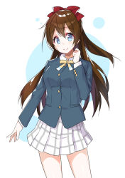 Rule 34 | 1girl, aqua eyes, artist name, artist request, bare legs, black cardigan, black jacket, blue eyes, blush, bow, breasts, brown hair, buttons, cardigan, checkered clothes, checkered skirt, clenched hand, collared shirt, female focus, hair between eyes, hair bow, highres, jacket, long hair, long sleeves, looking at viewer, love live!, love live! nijigasaki high school idol club, miniskirt, nijigasaki academy school uniform, osaka shizuku, parted lips, plaid, plaid skirt, pleated, pleated skirt, polka dot, polka dot background, ponytail, red bow, ribbon, school uniform, shirt, skirt, small breasts, smile, solo, white background, white shirt, white skirt, yellow buttons, yellow neckwear, yellow ribbon