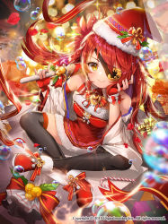 Rule 34 | 1girl, apple caramel, black thighhighs, bow, breasts, bubble, candy, candy cane, christmas, crossed ankles, eyepatch, fingerless gloves, food, full body, gift, gloves, hat, hat ornament, highres, holding, holding weapon, looking at viewer, medium breasts, original, over shoulder, red bow, red footwear, red gloves, red hair, red headwear, red ribbon, ribbon, santa hat, sitting, smile, thighhighs, watermark, weapon, yellow eyes
