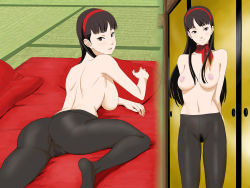 Rule 34 | 1girl, amagi yukiko, anus, arms behind back, ass, bed, black eyes, black hair, black pantyhose, blush, breasts, censored, collarbone, cottage, door, from behind, hairband, heart pasties, highres, large breasts, long hair, looking at viewer, looking back, lying, multiple views, navel, nipples, open mouth, pantyhose, pasties, persona, persona 4, pubic hair, pussy, red scarf, scarf, see-through, smile, topless