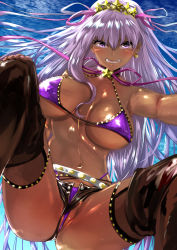 Rule 34 | 1girl, bb (fate), bb (fate) (all), bb (swimsuit mooncancer) (fate), bb (swimsuit mooncancer) (second ascension) (fate), belt, bikini, black shorts, black thighhighs, breasts, commentary request, earrings, fate/grand order, fate (series), gyaru, hair ornament, highres, jewelry, large breasts, long hair, looking at viewer, micro shorts, nail polish, purple bikini, purple eyes, purple hair, purple nails, purple ribbon, ribbon, short shorts, shorts, solo, star (symbol), star earrings, star hair ornament, studded garter belt, swimsuit, thighhighs, uenoryoma, white belt