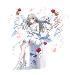 Rule 34 | 1girl, ankle bow, ankle ribbon, back bow, banner, bare shoulders, bell, blunt bangs, blush, bouquet, bow, braid, bridal gauntlets, chinese text, closed mouth, closers, dress, falling petals, floating hair, flower, full body, grey hair, hair ribbon, high heels, highres, holding, holding bouquet, lace, lace-trimmed dress, lace trim, long hair, looking at viewer, no pupils, official art, orange eyes, pantyhose, petals, pink flower, pink rose, red flower, red rose, refrigerator, ribbon, rose, short dress, side braids, sitting, sleeveless, sleeveless dress, smile, solo, tachi-e, tina (closers), wedding dress, white background, white bow, white bridal gauntlets, white dress, white flower, white footwear, white pantyhose, white ribbon, white rose
