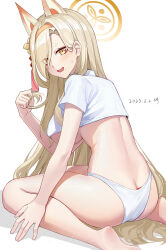 Rule 34 | 1girl, absurdres, animal ears, ass, bare legs, barefoot, blonde hair, blue archive, blush, breasts, butt crack, cropped shirt, dated, fox ears, hair over one eye, twirling hair, halo, headband, highres, kaho (blue archive), large breasts, long hair, looking at viewer, looking back, mole, mole under mouth, panties, shirt, simple background, sitting, solo, straight hair, sweatdrop, underboob, underwear, very long hair, wangqi, wariza, white background, white panties, white shirt, yellow headband