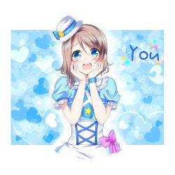Rule 34 | 1girl, :d, asymmetrical hair, blue necktie, blush, bow, bracelet, brown hair, character name, hair between eyes, hands on own cheeks, hands on own face, hat, heart, highres, jewelry, kimi no kokoro wa kagayaiteru kai?, looking at viewer, love live!, love live! sunshine!!, mini hat, necktie, open mouth, parted bangs, pink bow, short sleeves, smile, solo, upper body, watanabe you, white hat, zero-theme