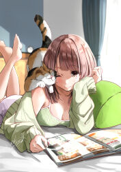 Rule 34 | 1girl, barefoot, blurry, blurry background, breasts, brown eyes, brown hair, camisole, cat, cleavage, clenched hand, closed mouth, cuddling, curtains, day, feet, feet up, grabbing, green camisole, green jacket, hand up, head rest, highres, indoors, jacket, long sleeves, looking at animal, looking to the side, lying, magazine (object), medium breasts, off shoulder, on bed, on stomach, one eye closed, original, pillow, ribbed camisole, room, shorts, sleeves past wrists, smile, solo, soragane (banisinngurei), sunlight, swept bangs, tail raised, the pose, white shorts