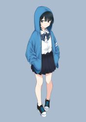 Rule 34 | 1girl, black footwear, black skirt, blue bow, blue bowtie, blue jacket, bow, bowtie, collared shirt, drawstring, full body, grey background, hair ornament, hairpin, hands in pockets, highres, hood, hood up, hooded jacket, jacket, looking at viewer, medium hair, miniskirt, original, pleated skirt, rurie (lourie), school uniform, shirt, shoes, simple background, skirt, smile, sneakers, solo, standing, striped bow, striped bowtie, striped clothes, striped neckwear, white shirt