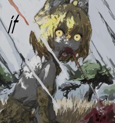 Rule 34 | 1girl, animal ears, blank stare, blonde hair, blood, blood on face, dappled sunlight, day, dry grass, eating, elbow gloves, empty eyes, english text, flesh, from side, gloves, glowing, glowing eyes, grey sky, highres, kemono friends, looking at viewer, looking to the side, medium hair, outdoors, sasakyu, savannah, serval (kemono friends), shirt, skirt, sky, sleeveless, sleeveless shirt, solo, sunlight, tree, upper body, white shirt, wide-eyed, yellow eyes, yellow gloves, yellow skirt