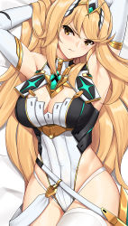 Rule 34 | 1girl, armpits, arms up, bed sheet, blonde hair, blush, breasts, cleavage, cleavage cutout, clothing cutout, commentary, dakimakura (medium), elbow gloves, english commentary, frown, gem, gloves, hair ornament, head tilt, headpiece, highleg, highleg leotard, jewelry, large breasts, leotard, long hair, looking at viewer, lying, mythra (xenoblade), nintendo, on back, solo, swept bangs, thighhighs, tiara, tony guisado, v-shaped eyebrows, very long hair, white gloves, white thighhighs, xenoblade chronicles (series), xenoblade chronicles 2, yellow eyes