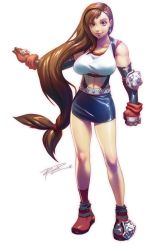 Rule 34 | 1990s (style), 1girl, breasts, brown eyes, brown hair, elbow gloves, elbow pads, final fantasy, final fantasy vii, gloves, highres, large breasts, long hair, loose socks, low-tied long hair, pencil skirt, retro artstyle, robaato, signature, skirt, socks, sports bra, square enix, suspender skirt, suspenders, tifa lockhart, torn clothes, torn gloves, very long hair
