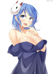 Rule 34 | 10s, 1girl, :d, arm around waist, bad id, bad pixiv id, bare shoulders, blue hair, blush, breast hold, breasts, cleavage, collarbone, eyebrows, fox mask, hat, japanese clothes, kankitsunabe (citrus), kantai collection, kimono, large breasts, looking at viewer, mask, off shoulder, open mouth, sailor hat, smile, solo, twitter username, undressing, urakaze (kancolle), white background, yukata