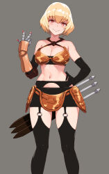 1girl absurdres armor armpits bikini_armor blonde_hair blush breasts cleavage clementine_(overlord) dagger garter_belt gauntlets gloves grey_background highres knife large_breasts looking_at_viewer nakamura_yukitoshi navel o-ring o-ring_legwear overlord_(maruyama) red_eyes short_hair shoulder_armor simple_background smile solo thighhighs weapon