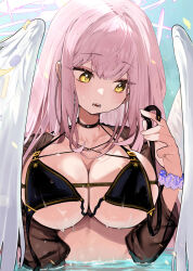 Rule 34 | 1girl, alternate costume, angel wings, bikini, black bikini, black jacket, blue archive, blush, breasts, collarbone, feathered wings, halo, highres, jacket, large breasts, long hair, long sleeves, mika (blue archive), movik, open clothes, open jacket, open mouth, partially submerged, pink hair, pink halo, solo, swimsuit, upper body, water, white wings, wings, yellow eyes