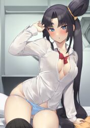 Rule 34 | 1girl, :o, alternate costume, arm support, black hair, black skirt, blue eyes, blue panties, blush, bow, bowtie, breasts, clothes pull, collared shirt, commentary request, fate/grand order, fate (series), gluteal fold, hand up, highres, indoors, long hair, long sleeves, looking at viewer, loose bowtie, medium breasts, panties, partially unbuttoned, pinta (ayashii bochi), pleated skirt, red bow, red bowtie, school uniform, shirt, side ponytail, sitting, skirt, skirt pull, solo, sweat, thick eyebrows, thighs, underwear, ushiwakamaru (fate), very long hair, white shirt