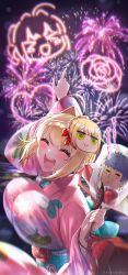 Rule 34 | 1girl, :d, absurdres, ahoge, blonde hair, bouncing breasts, braid, braided bun, breasts, caligula (fate), candy apple, character mask, chocolate banana, closed eyes, fate/extra, fate/grand order, fate (series), fireworks, flower, food, french braid, hair bun, hair intakes, heart, highres, japanese clothes, kimono, large breasts, mask, nero claudius (fate), nero claudius (fate) (all), night, night sky, open mouth, outdoors, pointing, rose, single hair bun, sky, smile, yayoi maka, yukata