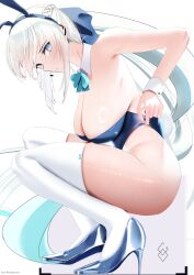 Rule 34 | 1girl, absurdres, adjusting clothes, adjusting leotard, animal ears, aqua bow, aqua bowtie, ass, bare shoulders, blue archive, blue eyes, blue leotard, bow, bowtie, braid, breasts, chaldea logo, cleavage, cosplay, cyrilashnmsh, detached collar, earpiece, fake animal ears, fate/grand order, fate (series), french braid, hair bow, hanging breasts, high heels, highleg, highleg leotard, highres, ishikawa yui, large breasts, leotard, long hair, looking at viewer, morgan le fay (fate), parted lips, playboy bunny, ponytail, rabbit ears, shiny skin, sidelocks, simple background, skindentation, solo, squatting, strapless, strapless leotard, thighhighs, thighs, toki (blue archive), toki (blue archive) (cosplay), toki (bunny) (blue archive), twitter username, voice actor connection, white background, white hair, white thighhighs, wrist cuffs