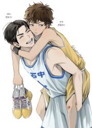 Rule 34 | 2boys, aged down, arms around neck, basketball jersey, basketball uniform, beaker pour, black eyes, black hair, black wristband, brown eyes, brown hair, carrying, carrying person, child, closed eyes, closed mouth, full body, highres, holding, holding shoes, korean text, male focus, mitsui hisashi, miyagi ryouta, multiple boys, open mouth, piggyback, shoes, short hair, shorts, simple background, slam dunk (series), sneakers, sportswear, sweatdrop, tank top, toned, toned male, translation request, undercut, unworn shoes, upper body, wavy hair, white background, white shorts, white tank top, yellow footwear, yellow shorts, yellow tank top