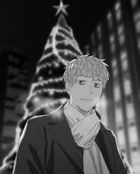 Rule 34 | 1boy, bags under eyes, blurry, blurry background, breath, building, christmas tree, commentary, english commentary, fate/grand order, fate (series), greyscale, highres, ikezawa shin, jacket, lapels, looking at viewer, male focus, monochrome, night, notched lapels, open clothes, open jacket, parted lips, saitou hajime (fate), scarf, short bangs, short hair, smile, solo, upper body
