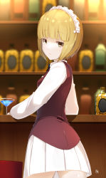 Rule 34 | 10s, 1girl, alcohol, bar stool, blonde hair, blunt bangs, brown eyes, cocktail glass, commentary request, counter, cup, cutlass (girls und panzer), drinking glass, expressionless, from behind, girls und panzer, highres, liquor, long sleeves, looking at viewer, looking back, maid headdress, meth (emethmeth), shiny skin, shirt, skirt, solo, standing, stool, vest, white shirt, yellow eyes