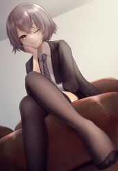 Rule 34 | 1girl, absurdres, alternate hair length, alternate hairstyle, black necktie, brown eyes, brown hair, brown jacket, brown pantyhose, closed mouth, collared shirt, couch, crossed legs, foot out of frame, girls&#039; frontline, girls&#039; frontline 2: exilium, guchagucha, hand on own cheek, hand on own face, highres, indoors, jacket, legs, long sleeves, looking at viewer, necktie, no shoes, one eye closed, pantyhose, scar, scar across eye, shirt, short hair, sitting, smile, solo, ump45 (girls&#039; frontline), white shirt