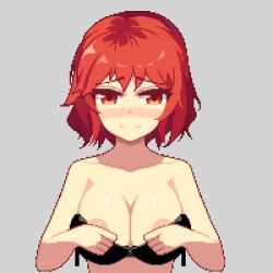 Rule 34 | 1girl, animated, animated gif, arms behind back, black bra, blush, bouncing breasts, bra, breasts, furumero, grey background, head tilt, horikawa raiko, large breasts, looking at viewer, lowres, matching hair/eyes, nervous, nipples, pixel art, red eyes, red hair, short hair, simple background, smile, solo, topless frame, touhou, underwear, undressing, upper body