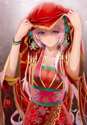 Rule 34 | 1girl, artist name, blue eyes, collarbone, dated, embellished costume, highres, japanese clothes, long hair, looking at viewer, megurine luka, okingjo, omamori, pink hair, signature, silver hair, smile, solo, veil, vocaloid, watermark
