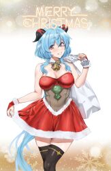 Rule 34 | 1girl, ahoge, antlers, armpit crease, bare shoulders, bell, blue hair, blush, boots, bow, box, breasts, brown eyes, christmas, christmas lights, christmas ornaments, christmas tree, cleavage, collar, collarbone, cowbell, cowboy shot, detached collar, detached sleeves, dress, english text, fingerless gloves, fur-trimmed dress, fur-trimmed gloves, fur-trimmed headwear, fur-trimmed skirt, fur trim, ganyu (genshin impact), genshin impact, gift, gift bag, gift box, gloves, goat horns, hat, holding, holding sack, holly, horns, jingle bell, large breasts, long hair, looking at viewer, medium breasts, merry christmas, neck bell, parted lips, peagunz, red bow, red dress, red ribbon, reindeer antlers, ribbon, sack, santa boots, santa costume, santa dress, santa hat, short hair, skirt, smile, snow, snowflake background, snowflakes, snowing, solo, sparkle, standing, star (sky), thighhighs, thighs, very long hair, yellow eyes, zettai ryouiki