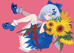Rule 34 | 1girl, absurdres, blue bow, blue dress, blue footwear, blue hair, bobby socks, bouquet, bow, cirno, cirno day, closed eyes, closed mouth, detached wings, dress, flower, from side, full body, hair bow, hair ornament, highres, holding, holding bouquet, lace, lace-trimmed dress, lace trim, leaf, mary janes, pink background, red ribbon, ribbon, shocho (shaojiujiu), shoes, simple background, socks, solo, sunflower, touhou, white socks, wings, yellow flower