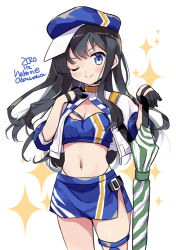 Rule 34 | 1girl, akatsuki (kancolle), alternate costume, bandeau, black gloves, blue bandeau, blue eyes, blue hat, blush, closed mouth, cosplay, cowboy shot, dated, gloves, gotland (kancolle), gotland (kancolle) (cosplay), hair between eyes, hat, kantai collection, long hair, navel, odawara hakone, one-hour drawing challenge, one eye closed, purple hair, race queen, short sleeves, simple background, skirt, smile, solo, sparkle, thigh strap, twitter username, umbrella, v-shaped eyebrows, white background