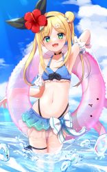 Rule 34 | 1girl, :d, arm up, armpits, baram, bare shoulders, bikini, blonde hair, blue sky, breasts, choker, cloud, commentary request, day, flower, green eyes, hair flower, hair ornament, hairclip, highleg, highleg bikini, highres, innertube, light blush, long hair, looking at viewer, mononobe alice, navel, nijisanji, open mouth, outdoors, parted bangs, sky, small breasts, smile, solo, stomach, swim ring, swimsuit, thigh gap, virtual youtuber, wading, water