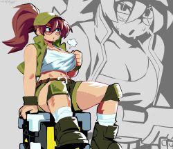 Rule 34 | 1girl, bare shoulders, boots, breasts, brown hair, cleavage, fio germi, glasses, hat, highres, large breasts, long hair, metal slug, ponytail, shorts, sitting, sleeveless, snk, sweat, werfmight