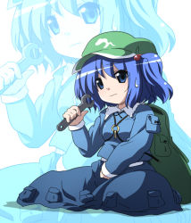 Rule 34 | 1girl, backpack, bag, blue eyes, blue hair, female focus, hair bobbles, hair ornament, hat, kawashiro nitori, key, matching hair/eyes, sitting, solo, sweatdrop, touhou, twintails, two side up, wrench