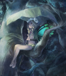 Rule 34 | 1girl, akr et, bare legs, blonde hair, braid, butterfly wings, fairy, flower, hair flower, hair ornament, in tree, insect wings, leaf, leaf umbrella, long hair, mercedes (odin sphere), odin sphere, oversized object, puff and slash sleeves, puffy pants, puffy shorts, puffy sleeves, rain, shorts, sitting, slippers, solo, tree, twin braids, wings