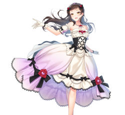 Rule 34 | 1girl, :d, black bow, blush, bow, brown hair, detached sleeves, diadem, dress, floating hair, flower, gloves, hair bow, hair flower, hair ornament, idolmaster, idolmaster million live!, jewelry, kitazawa shiho, long hair, necklace, open mouth, red flower, red rose, rose, short sleeves, simple background, smile, solo, standing, strapless, strapless dress, touon, underbust, white background, white dress, white gloves, white sleeves, yellow eyes