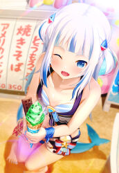 Rule 34 | 1girl, aiuabo, armpit crease, barefoot, bikini, bikini skirt, blue eyes, blue hair, blunt bangs, blush, breasts, collarbone, day, fins, fish tail, full body, gawr gura, hair ornament, highres, holding, hololive, hololive english, hololive summer 2023 swimsuit, ice cream cone, knees together feet apart, lens flare, multicolored hair, one eye closed, outdoors, shadow, shark hair ornament, shark tail, sharp teeth, sidelocks, small breasts, solo, spoon, spread toes, standing, streaked hair, swimsuit, tail, teeth, thighs, toes, two side up, upper teeth only, virtual youtuber, white hair