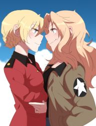 Rule 34 | 10s, 2girls, blonde hair, blue eyes, blue sky, blush, bomber jacket, cloud, commentary, crossed arms, darjeeling (girls und panzer), day, eye contact, girls und panzer, hands in pockets, highres, jacket, kay (girls und panzer), lamen3000, long hair, looking at another, multiple girls, saunders military uniform, short hair, sketch, sky, smile, st. gloriana&#039;s military uniform