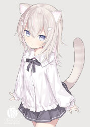 Rule 34 | 1girl, :o, animal ear fluff, animal ears, blue eyes, blush, brown hair, capriccio, cat ears, cat girl, cat tail, collared shirt, commentary request, dress shirt, frilled shirt collar, frills, grey background, grey skirt, hair between eyes, hair ornament, hairclip, looking at viewer, original, parted lips, pleated skirt, shirt, simple background, skirt, solo, standing, tail, white shirt