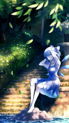 Rule 34 | 1girl, absurdres, arms behind head, autumn leaves, barefoot, blue bow, blue dress, blue hair, bow, chinese commentary, cirno, collared shirt, dress, falling leaves, frilled bow, frills, full body, grass, hat, hat bow, highres, jiege, leaf, looking at viewer, mouth hold, nature, neck ribbon, puffy short sleeves, puffy sleeves, red ribbon, ribbon, ribbon in mouth, rock, scenery, shirt, short hair, short sleeves, sitting, solo, stairs, stone lantern, touhou, tree, tying hair, water