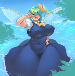 Rule 34 | 1girl, absurdres, anchors (mono eye os), blush, bow, breasts, covered erect nipples, daiyousei, dress, fang, green hair, hair bow, hand on own hip, heart, heart in mouth, highres, huge breasts, looking at viewer, open mouth, short hair, side ponytail, smile, solo, standing, touhou, v over eye, water, wings