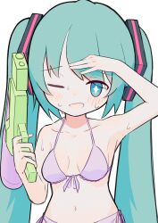 Rule 34 | + +, 1girl, :d, absurdres, aqua eyes, aqua hair, arm up, armpits, bikini, blush, breasts, bright pupils, collarbone, dokokanokabi, dot nose, furrowed brow, hand on forehead, hatsune miku, highres, holding, holding water gun, long hair, looking at viewer, navel, one eye closed, open mouth, pink bikini, salute, shading eyes, simple background, small breasts, smile, solo, straight-on, sweat, swimsuit, twintails, upper body, very long hair, vocaloid, water gun, white background, white pupils