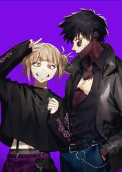 Rule 34 | 1boy, 1girl, absurdres, black hair, boku no hero academia, dabi (boku no hero academia), double bun, from side, grin, hair bun, hand in pocket, highres, ichimonjikun2, jacket, jewelry, long sleeves, midriff peek, necklace, open clothes, open jacket, open shirt, purple background, ring, ring necklace, smile, stitches, toga himiko, v